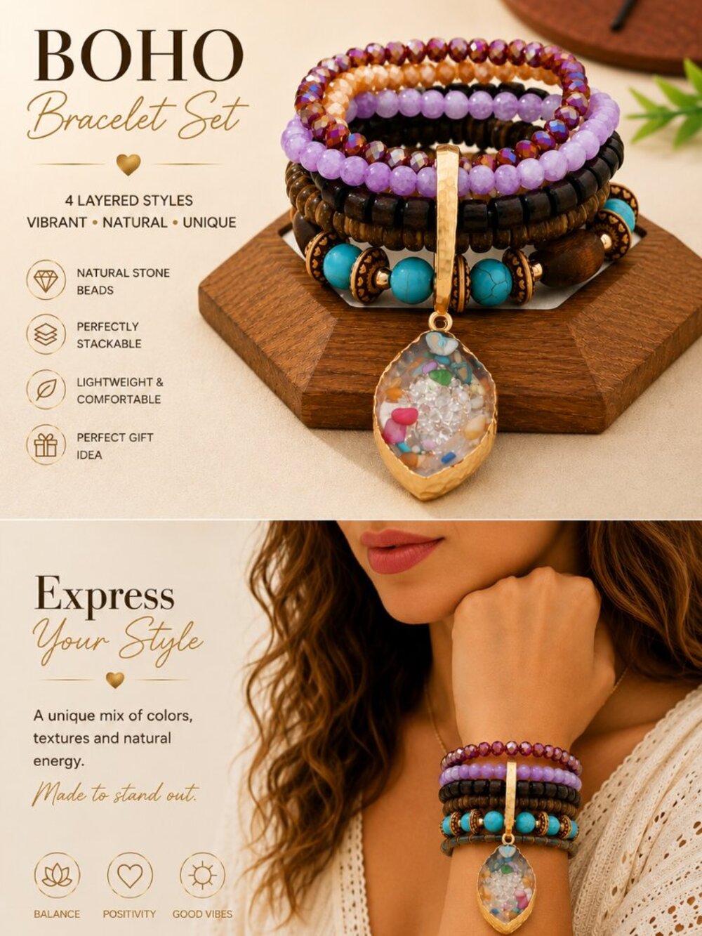 Boho Elephant Tassel Bracelet Set | Handmade Multi-Layer Wooden Beaded Bracelets